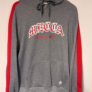 Y2K Mecca Jeans Men’s Grey Pullover Graphic Hoodie w/ red striped sleeves Large